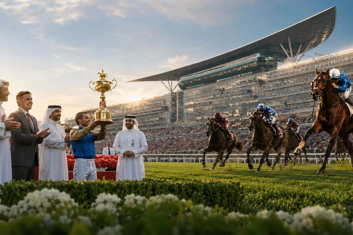 Horses racing at Meydan under the Dubai World Cup sonic identity